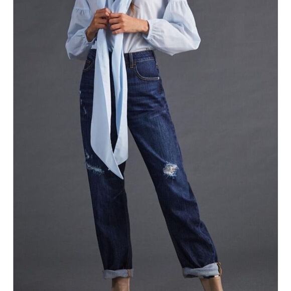 ANTHROPOLOGIE PILCRO The Bow Boyfriend Jeans Dark Distressed Denim SZ 26 NWT - Picture 1 of 16